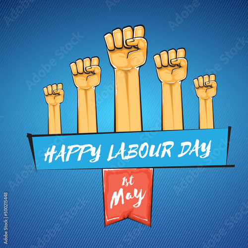 Happy labour day vector label with strong orange fist isolated on blue background. vector happy labor day background with man hand. red workers may day poster