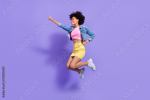 Photography Full length body size view of attractive cheerful slim girl jumping striving act