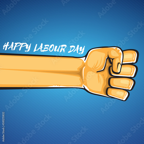 Happy labour day vector label with strong orange fist isolated on blue background. vector happy labor day background with man hand. red workers may day poster