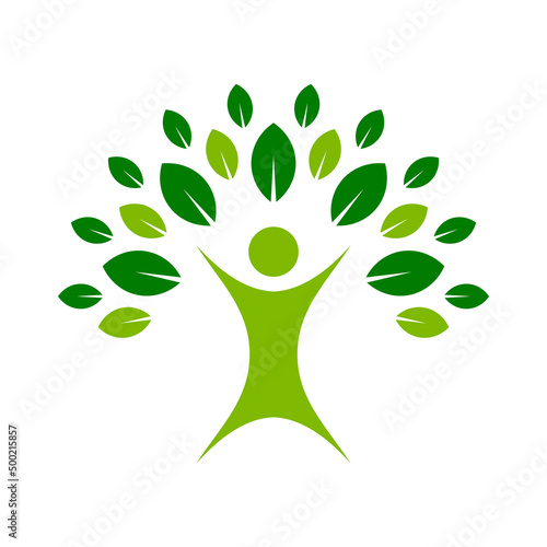 Healthy living idea. Human figure with a green tree leaves. People and nature connection. Sustainable lifestyle. Fitness and healthy food concept. Logo template. Vector illustration, flat, clip art.  