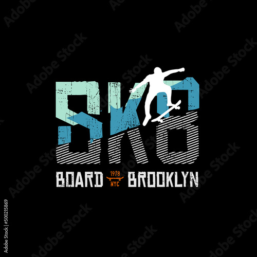 Vector illustration on the theme of skateboarding and skateboard in New York City, Brooklyn. Sport typography, t-shirt graphics, poster, print, postcard
