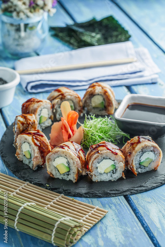 Japanese food, Sushi rolls on Served Table