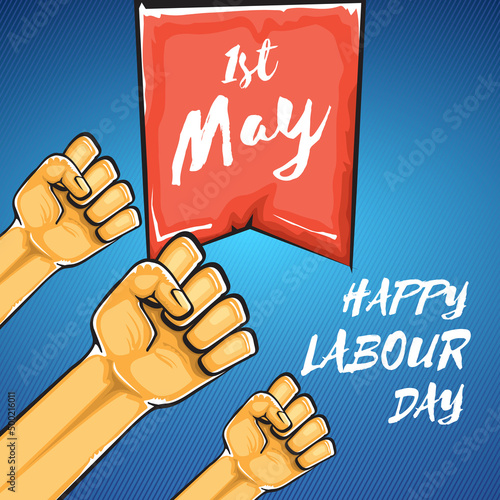 Happy labour day vector label with strong orange fist isolated on blue background. vector happy labor day background with man hand. red workers may day poster