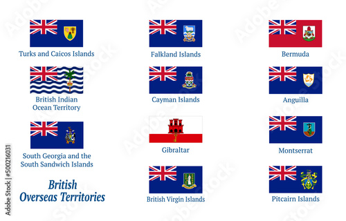 British Overseas Territories flags. Set of flags. Vector illustration. All isolated on white background. Template for design.