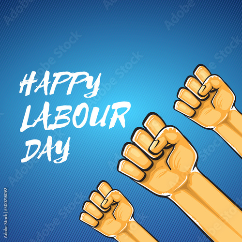 Happy labour day vector label with strong orange fist isolated on blue background. vector happy labor day background with man hand. red workers may day poster