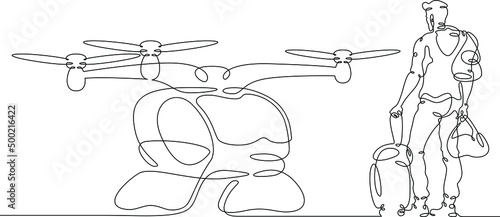 One continuous line.Passenger quadcopter taxi. A tourist with luggage is waiting to board a taxi. Air passenger transportation by electric plane, air taxi. One continuous line drawn isolated, white ba