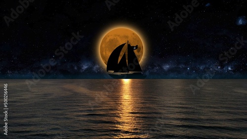 ship with pirate flag sailing with full moon in the background