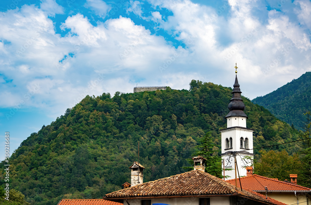 Scenic view of roofs of Tolmin town and castle hill, Slovenia Scenic view of roofs of Tolmin town and castle hill, Slovenia