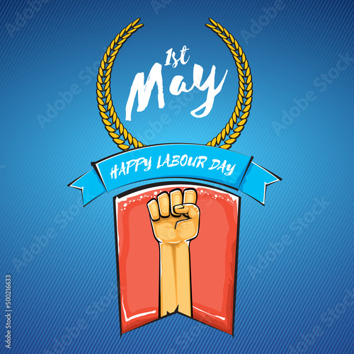 Happy labour day vector label with strong orange fist isolated on blue background. vector happy labor day background with man hand. red workers may day poster