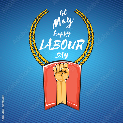 Happy labour day vector label with strong orange fist isolated on blue background. vector happy labor day background with man hand. red workers may day poster