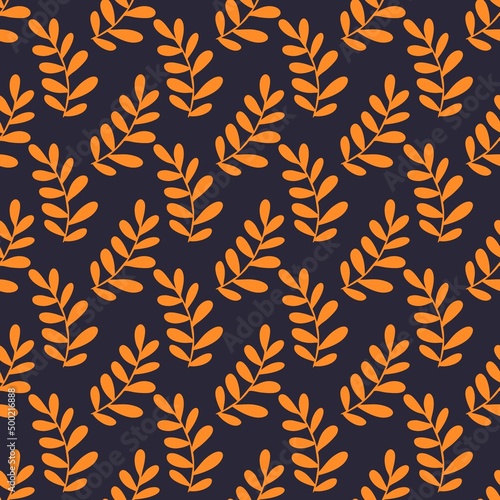 Seamless monochrome decorative pattern texture with orange leaves on a dark background. Flat design, hand drawn cartoon, vector illustration. Template for printing.