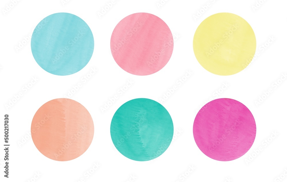 Set of colored circles. Hand-drawn bright strokes on white background. Round multicolored watercolor spots. Summer color palette.