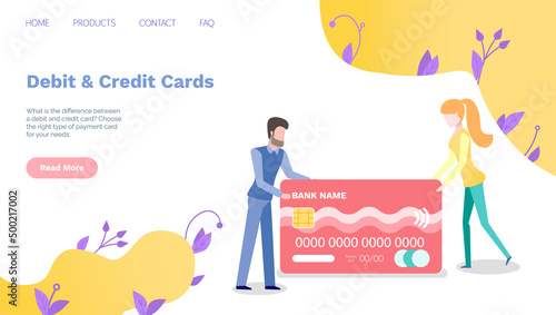 Cashless transaction debit credit bank card. Web Site for servicing online payments. Contactless payment, transfer of funds, Internet transactions using card. Banking program vector illustration