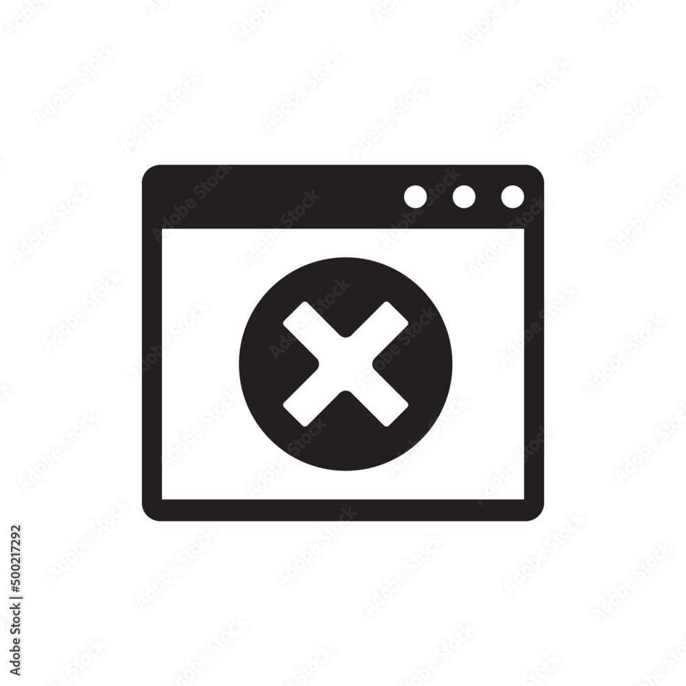 Browser with error sign icon in black flat glyph, filled style isolated on white background Browser with error sign icon in black flat glyph, filled style isolated on white background