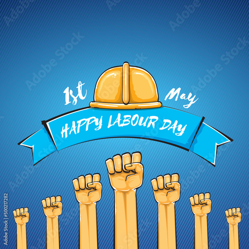 Happy labour day vector label with strong orange fist isolated on blue background. vector happy labor day background with man hand. red workers may day poster