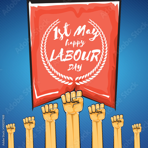 Happy labour day vector label with strong orange fist isolated on blue background. vector happy labor day background with man hand. red workers may day poster