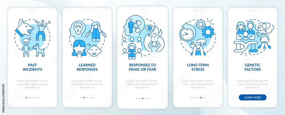 Phobia causes blue onboarding mobile app screen. Anxiety disorder walkthrough 5 steps graphic instructions pages with linear concepts. UI, UX, GUI template. Myriad Pro-Bold, Regular fonts used