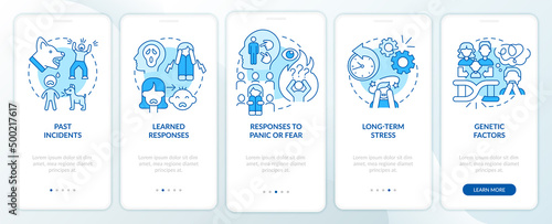 Phobia causes blue onboarding mobile app screen. Anxiety disorder walkthrough 5 steps graphic instructions pages with linear concepts. UI, UX, GUI template. Myriad Pro-Bold, Regular fonts used
