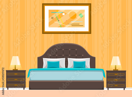 Double wooden bed in flat design for bedroom, hotel room. Cartoon furniture icon isolated on white background. Animated house equipment. Bedroom interior element. Bed with sheet, pillows and blanket