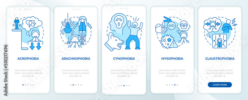 Most common phobias blue onboarding mobile app screen. Anxiety disorder walkthrough 5 steps graphic instructions pages with linear concepts. UI, UX, GUI template. Myriad Pro-Bold, Regular fonts used