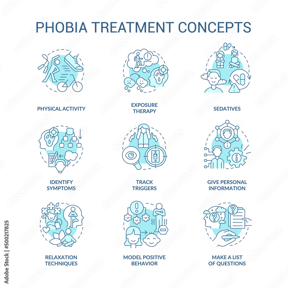 Phobia treatment turquoise concept icons set. Therapy techniques. Anxiety disorder idea thin line color illustrations. Isolated symbols. Editable stroke. Roboto-Medium, Myriad Pro-Bold fonts used