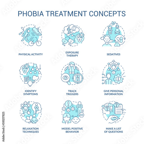 Phobia treatment turquoise concept icons set. Therapy techniques. Anxiety disorder idea thin line color illustrations. Isolated symbols. Editable stroke. Roboto-Medium, Myriad Pro-Bold fonts used