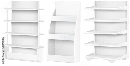 White empty supermarket retail store shelves isolated on white background vector illustration. Modern stylish wooden shelves furniture of high quality for books and decorations trade equipment