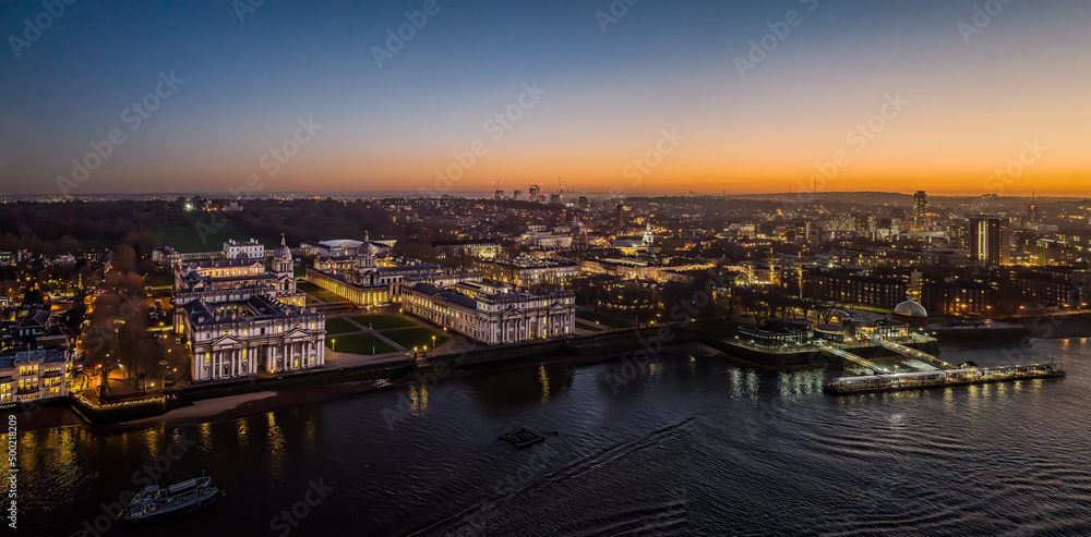 Drone sunset shot of old royal naval college Greenwich