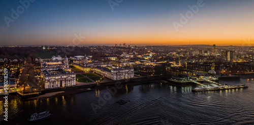 Drone sunset shot of old royal naval college Greenwich