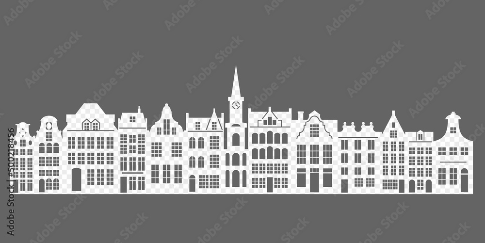 Frame with a cut-out silhouette of an old European city. Dutch houses of Amsterdam. Vector stencil illustration.