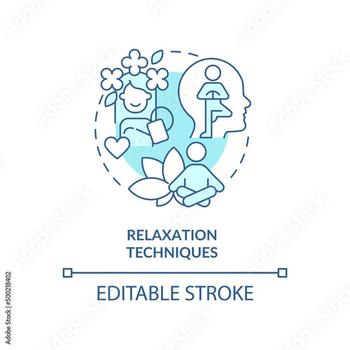 Relaxation techniques turquoise concept icon. Meditation and yoga. Treatment abstract idea thin line illustration. Isolated outline drawing. Editable stroke. Arial, Myriad Pro-Bold fonts used