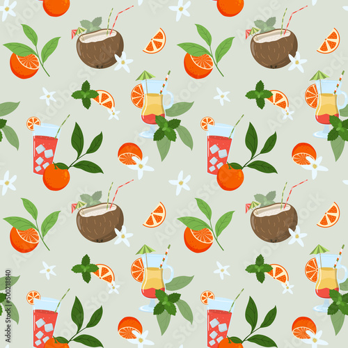 Summer colorful beach cocktails seamless pattern with oranges and mint leaves. Holiday and beach party vector background. Design for use in packing, textile, and fabric.