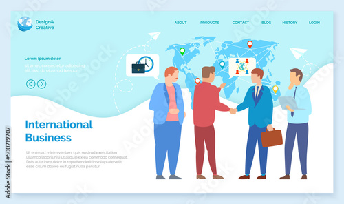 Website for international business. Market globalization, company expansion concept. Successful cooperation of foreign partners. Export and import agreement. Partnership and teamwork in business