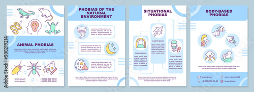 Phobia categories brochure template. Common types of fears. Leaflet design with linear icons. 4 vector layouts for presentation, annual reports. Arial-Black, Myriad Pro-Regular fonts used