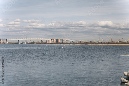 St Petersburg, Russia-April 2022: View of Western high-speed diameter crossing the residential district on Kanonersky island. Gulf of Finland