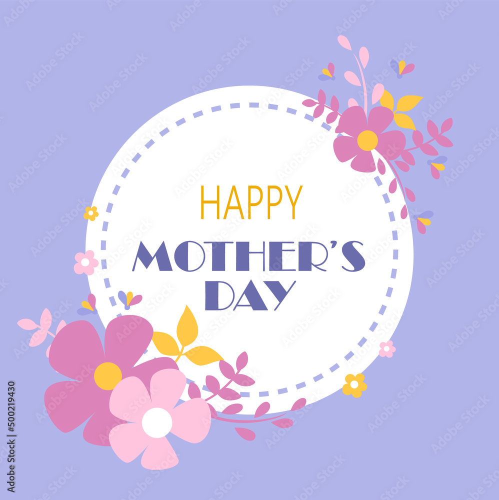 Happy mother's day card pink flowers on a blue frame with an inscription happy mother's day