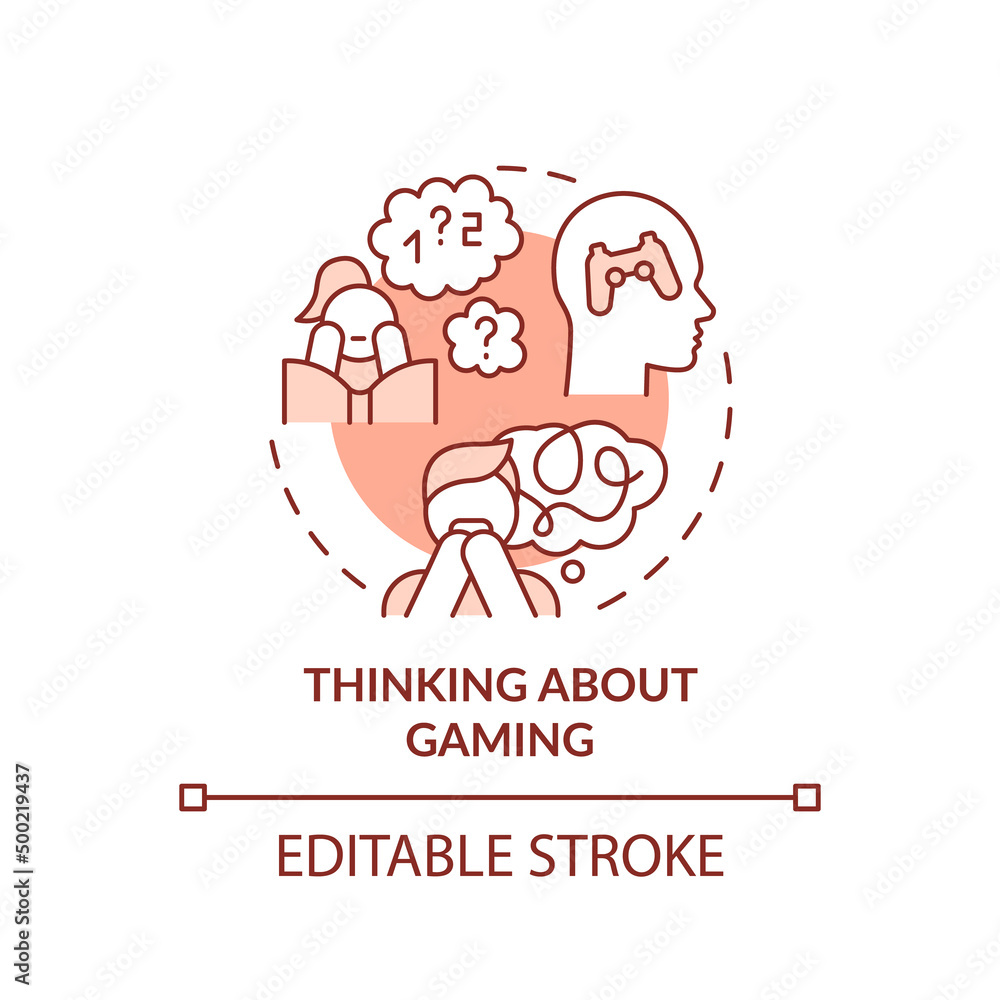 Thinking about gaming terracotta concept icon. Sign of game addiction abstract idea thin line illustration. Isolated outline drawing. Editable stroke. Arial, Myriad Pro-Bold fonts used Thinking about gaming terracotta concept icon. Sign of game addiction abstract idea thin line illustration. Isolated outline drawing. Editable stroke. Arial, Myriad Pro-Bold fonts used