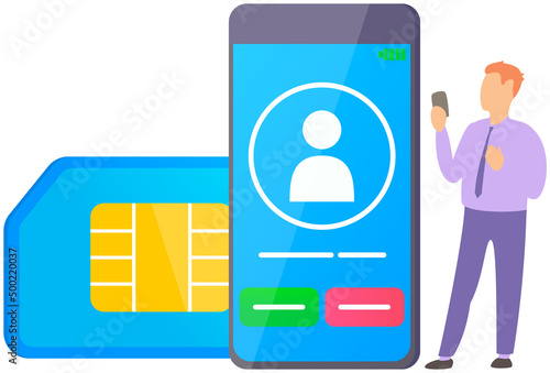 Man with headphones SIM card uses smartphone to call. Application for communication in phone vector illustration. Male selects contact in mobile app. Display with call icons on screen
