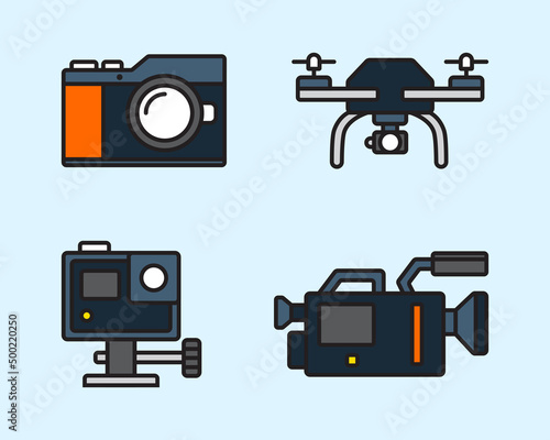 set of cameras vector illustration. collection of modern digital camera in flat design style. professional photography and film tools