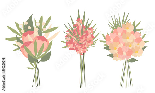 Fototapeta Naklejka Na Ścianę i Meble -  A set of beautiful bouquets with garden and field flowers in pastel colors. Flat vector illustration.