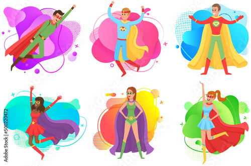 Strong super man and super woman smiles and flies to save world stretched out his hand. Brave character in superhero costume with cloak. Cartoon person hurries to protects people from villains