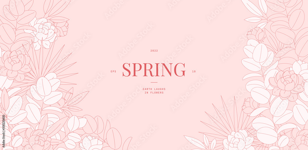 Floral background. Minimalist floral elements. Eucalyptus and peonies. Horizontal banner.