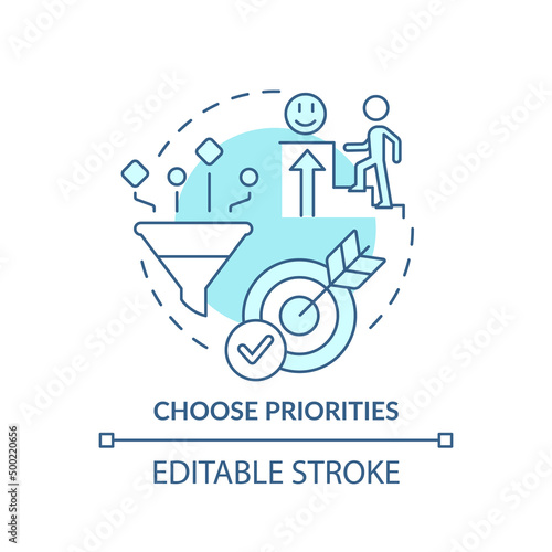 Choose priorities turquoise concept icon. Coping with gaming addiction abstract idea thin line illustration. Isolated outline drawing. Editable stroke. Arial, Myriad Pro-Bold fonts used