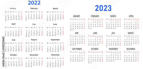 Horizontal vector design of 2022 and 2023 year calendars. 2022 and 2023 calendar on white background for organization and business. The week starts on Monday.