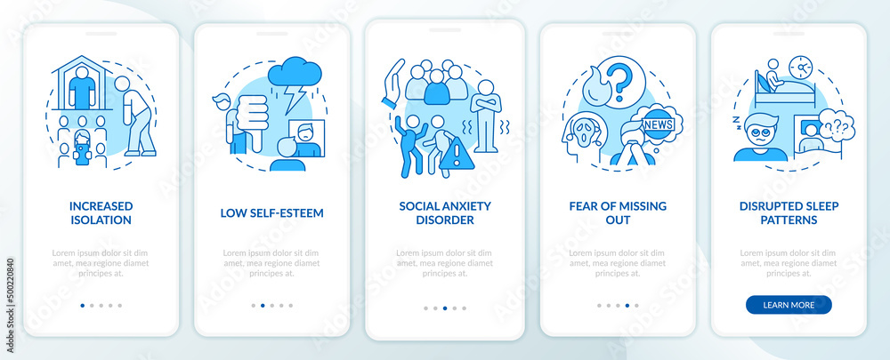 Downsides of social media blue onboarding mobile app screen. Negative walkthrough 5 steps graphic instructions pages with linear concepts. UI, UX, GUI template. Myriad Pro-Bold, Regular fonts used Downsides of social media blue onboarding mobile app screen. Negative walkthrough 5 steps graphic instructions pages with linear concepts. UI, UX, GUI template. Myriad Pro-Bold, Regular fonts used