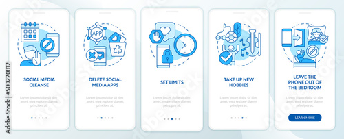 Ways to break social media addiction blue onboarding mobile app screen. Walkthrough 5 steps graphic instructions pages with linear concepts. UI, UX, GUI template. Myriad Pro-Bold, Regular fonts used
