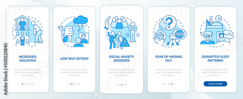 Downsides of social media blue onboarding mobile app screen. Negative walkthrough 5 steps graphic instructions pages with linear concepts. UI, UX, GUI template. Myriad Pro-Bold, Regular fonts used