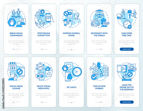 Game and social network addiction blue onboarding mobile app screen set. Walkthrough 5 steps graphic instructions pages with linear concepts. UI, UX, GUI template. Myriad Pro-Bold, Regular fonts used
