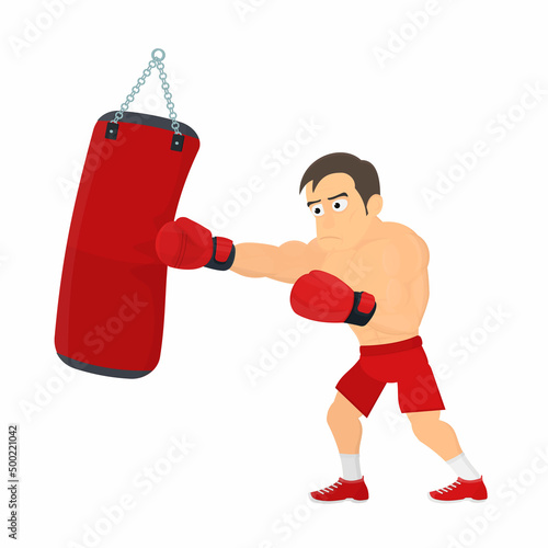 Fighter boxer. Boxing on a punching bag, vector illustration