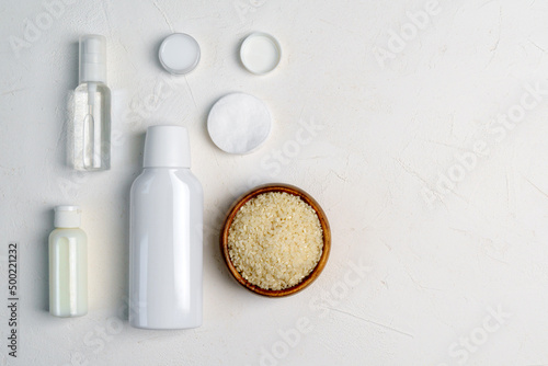 Rice for skin care face cleansing cosmetic product. Natural beauty treatment hygiene. Fermented beauty care concept. Copy space